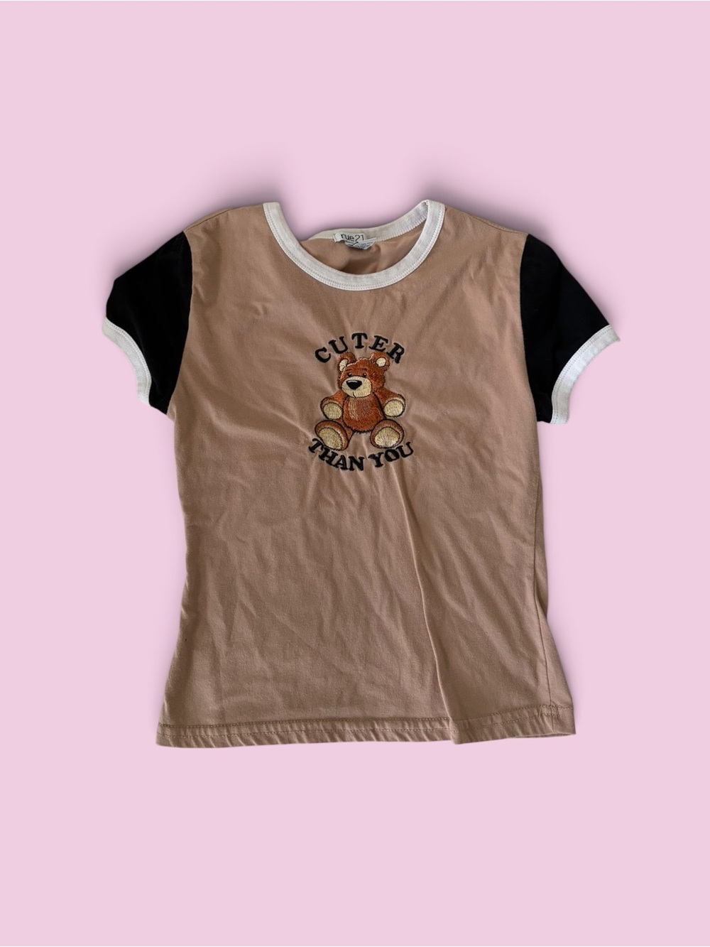Beige Teddy Graphic Ringer Tee - "Cuter Than You"